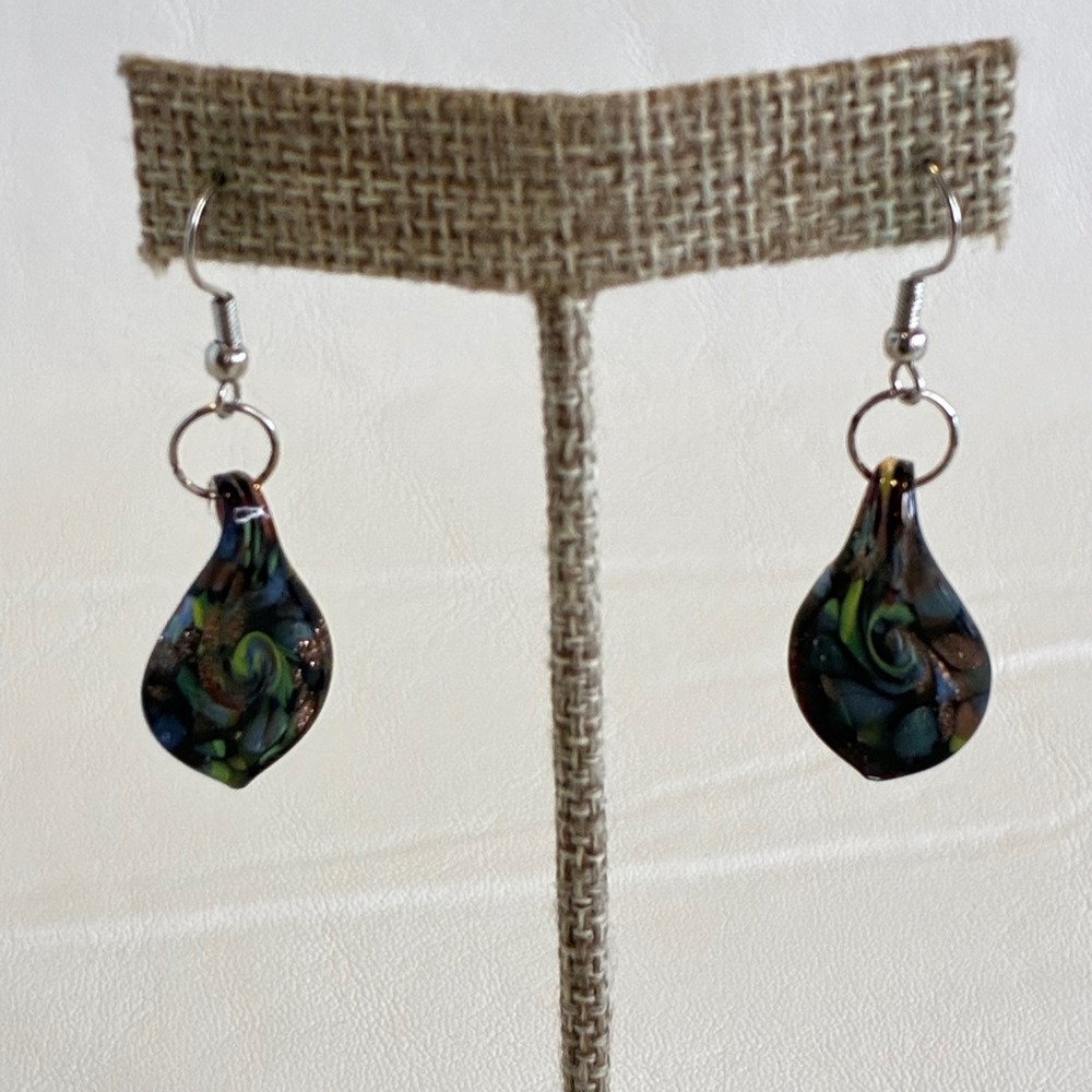 Lampwork Glass Earrings Celestial Dangle Teardrop Swirl Multicolor Silver Tone - Picture 9 of 12